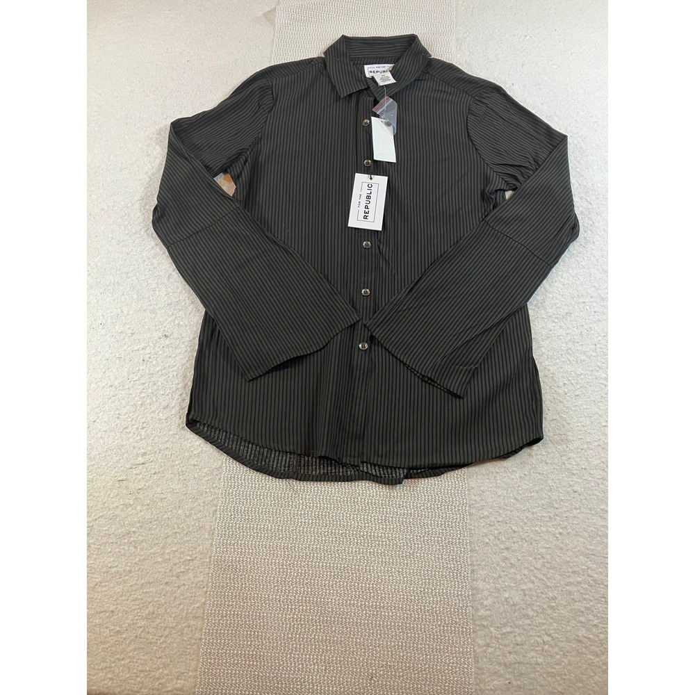 Republic NWT Woven Shirt Black Brown Stripe Button Down Long Sleeve Top XL NWT